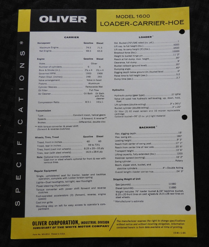 (2) 1964 "OLIVER 1600 TRACTOR LOADER BACKHOE" SPECIFICATIONS BROCHURE VERY NICE gallery