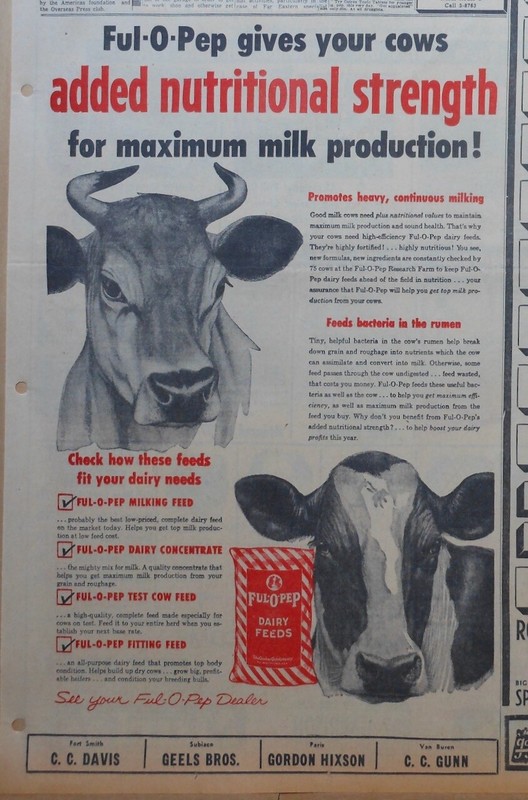1955 newspaper ad for Ful-O-Pep Dairy Feeds - Give Cows nutritional strength