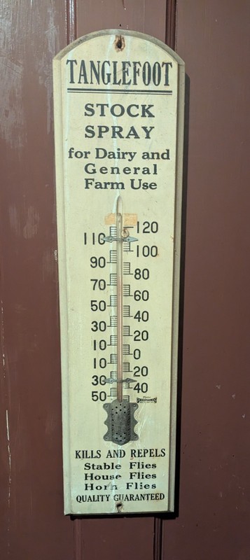 ANTIQUE WOODEN 24″ ADVERTISING FARM DAIRY THERMOMETER TANGLEFOOT STOCK SPRAY