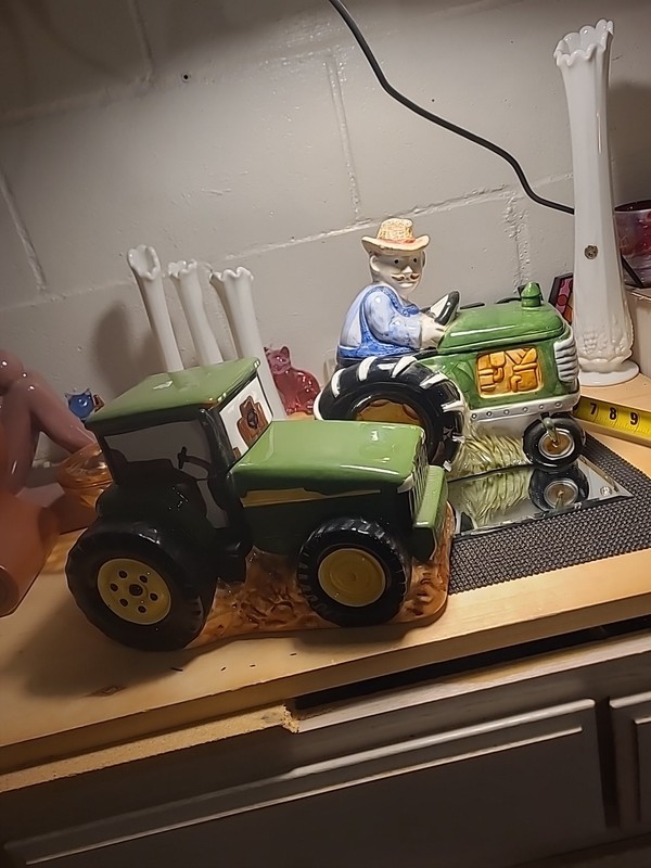 Tractor/Farmer Ceramic Cookie Jar Farming Machinery Green Yellow Set Of 2
