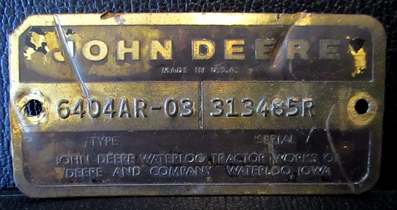 John Deere Waterloo Tractor Works 6404 Engine Serial Number Plate ID Tag Emblem