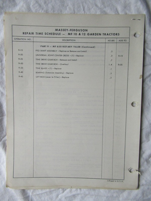 Massey Ferguson MF10 MF12 Garden Tractor Repair Estimate Time Schedule Manual gallery