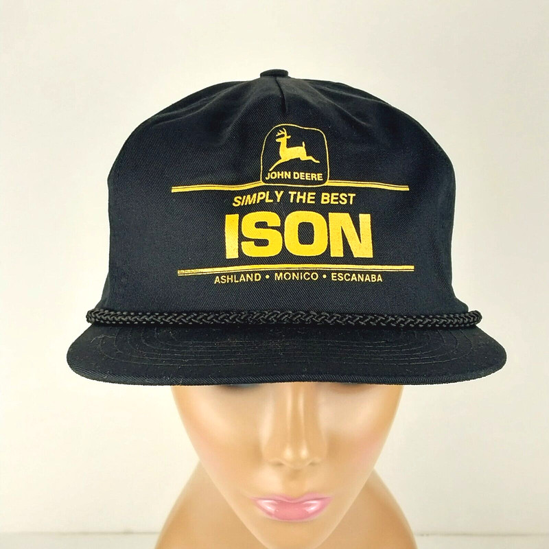 Vintage John Deere San Sun Men’s Dealership Black Zipper Lock Cap Hat One Size
