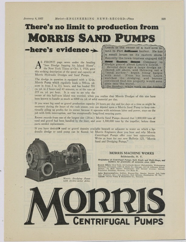 1927 Morris Machine Works Ad: Morris Sand Pumps Capabilities – Baldwinsville, NY