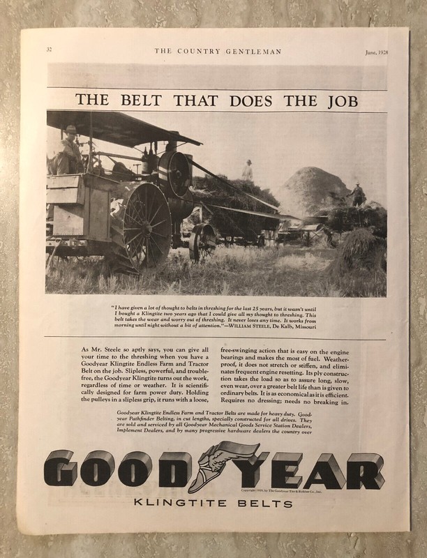 1928 Goodyear Klinglite Belts Farm Tractor Belts Pathfinder Vtg Print Ad