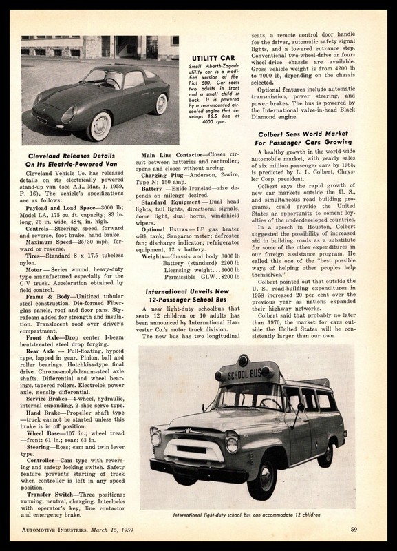 1959 International School Bus Abarth Zagado Fiat 500 Utility Car Photos Print Ad