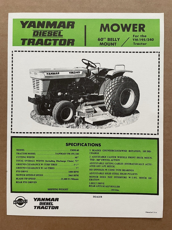 Vintage YANMAR TRACTOR Cut-Out Brochure MOWER Belly Mount YM-195 uncut #35