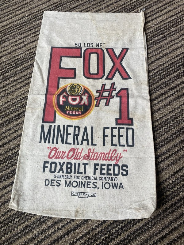Vintage Fox Feed Sack Des Moines Iowa Cloth Bag Corn
