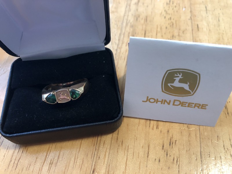 John Deere 20 Year Service Award Unisex 10K Gold Ring with Emeralds Size 10.5 gallery