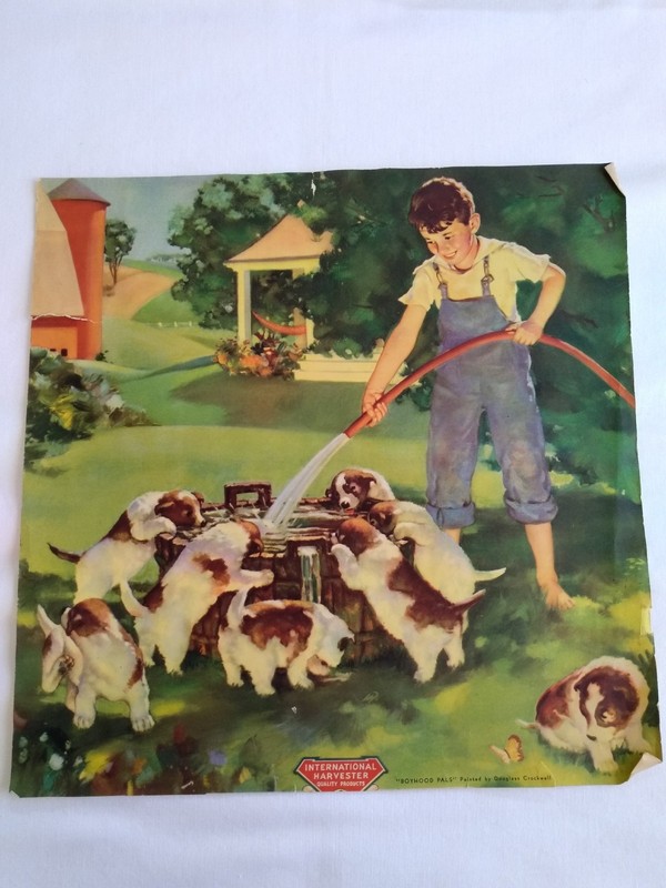 Vintage 40s 50s International Harvester Advertising Poster Farm Boy Puppy