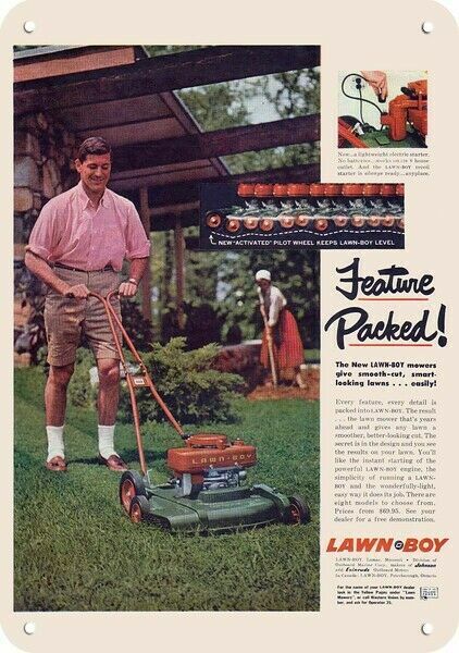 1957 Retro 50’s Man Mows with LAWN-BOY Lawn Mower DECORATIVE REPLICA METAL SIGN