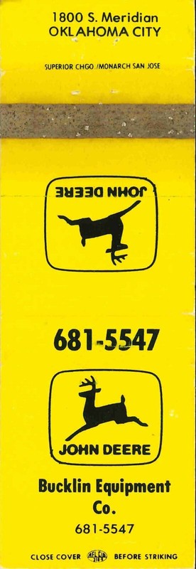 John Deere Matchbook Cover Bucklin Equip Co Oklahoma City