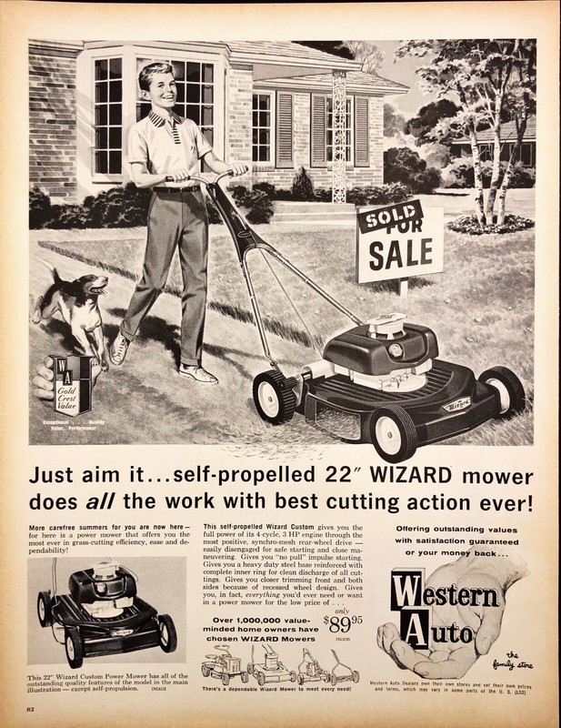 1962 Western Auto Lawn Mower Print Ad Boy Mowing Lawn with Dog Chasing