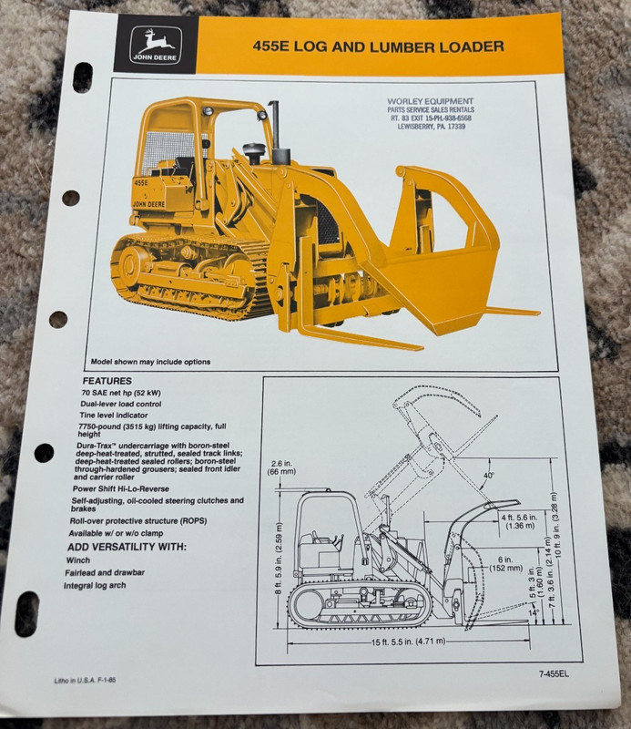 John Deere 455B Log & Lumber Loader For 1985 Brochure CWPA26