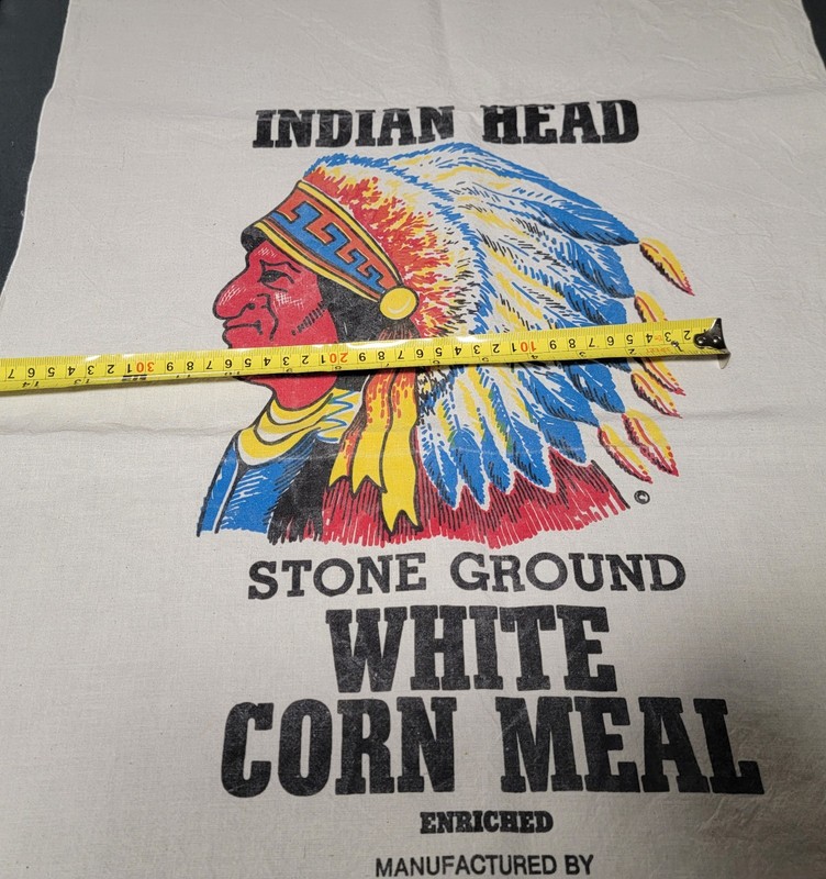 Vtg Rare Indian Head Stone Ground White Corn Meal Sack Bag Fabric 100lbs 36x20in gallery