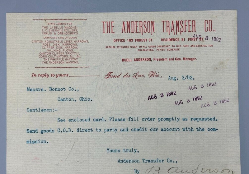 1892 -1896 ANDERSON Transfer Antique FARM Advertise Letter FOND Du LAC Wisconsin gallery