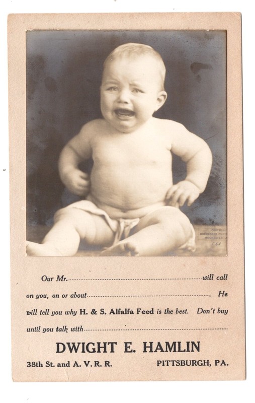 PITTSBURGH PA AD PC H. & S. ALFALFA FEED STORE REAL PHOTO OF BABY circa 1910
