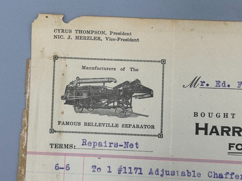 1928 BELLEVILLE THRESHER Harrison Machine Works Billhead FARM Advertising ILL gallery