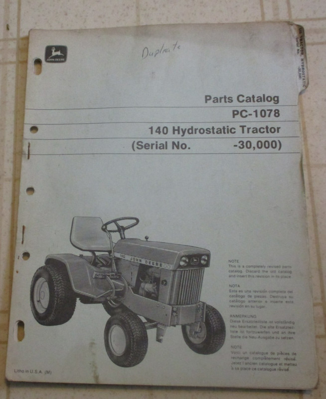 John Deere 140 Hydrostatic Parts Catalog Manual PC-1078 Original