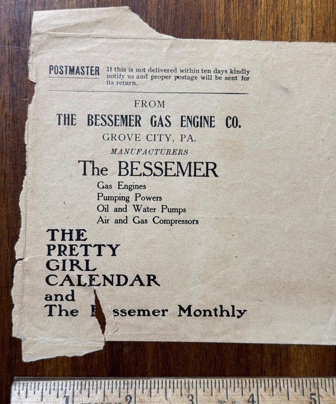 Vtg paper cover wrap Bessemer Gas Engine Co Pretty Girl Calendar Grove City PA gallery