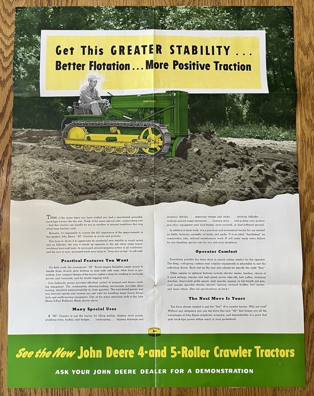 Rare 1954 Vintage John Deere 40 Crawler Brochure Folds Out To Poster 18” X 24” gallery