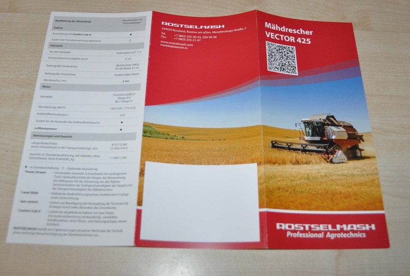 Rostselmash Vector 425 Mahdrescher Combine Harvester Brochure Prospekt DE
