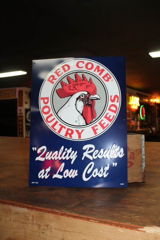RARE LARGE RED COMB POULTRY FEEDS DEALER EMBOSSED METAL SIGN GAS FARM ROOSTER