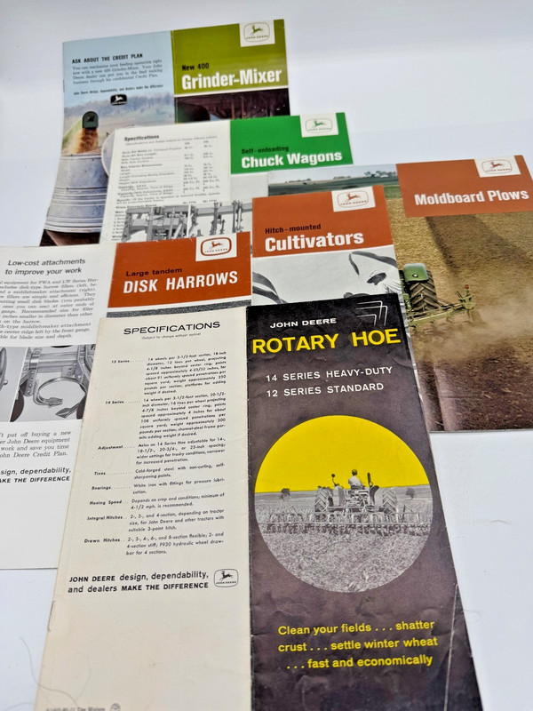 6 pc lot John Deere Paper Brochures Hoe Mixer Harrows Plows