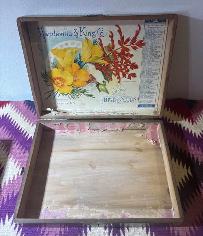 Antique Mandeville & King Wooden Seed Box Advertising Flower Store Display Litho gallery