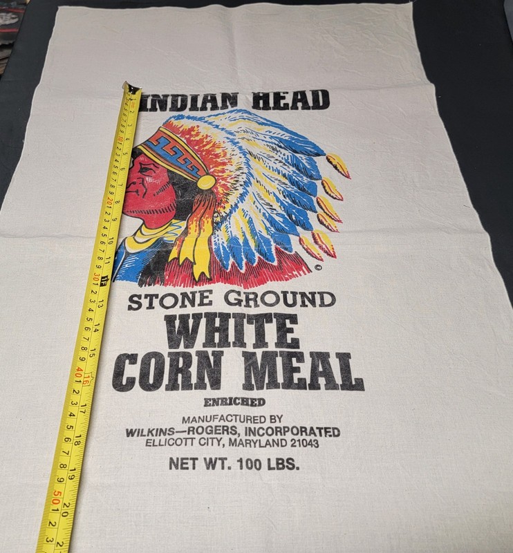 Vtg Rare Indian Head Stone Ground White Corn Meal Sack Bag Fabric 100lbs 36x20in gallery