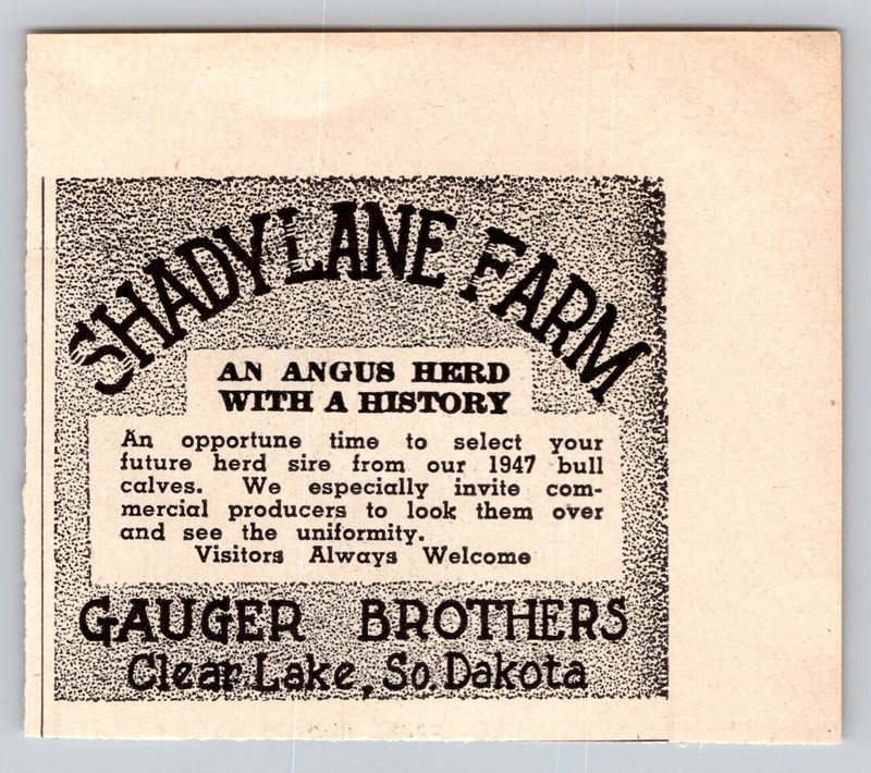 1948 Print Ad Shadylane Farm Gauger Brothers Clear Lake South Dakota Angus Herd