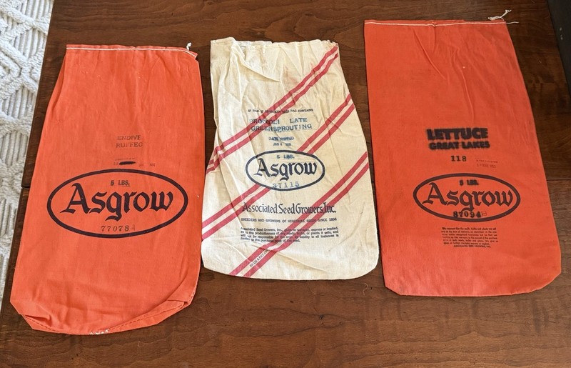 1950’s 3 ASGROW VEGETABLE Seed Corn Cloth Bag Farm Feed Sack Early Pioneer FARM