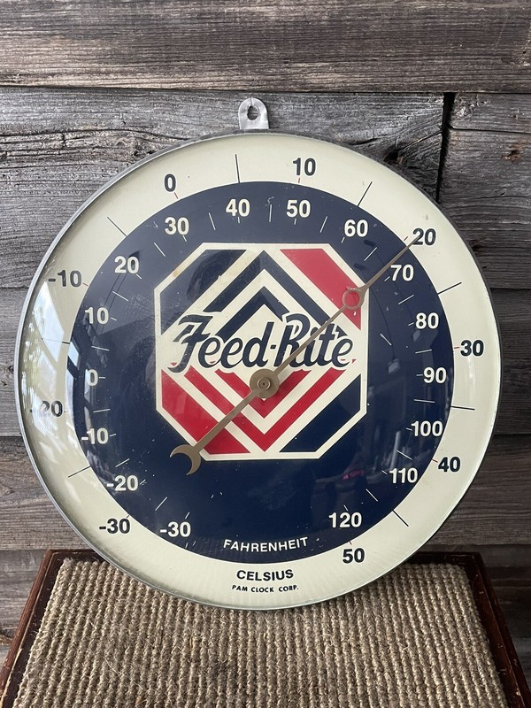 Vintage Feed-Rite Thermometer Pam Clock Bubble Glass Thermometer