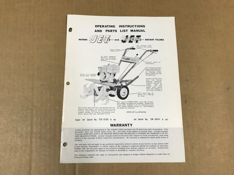 Vintage Ariens Jet/Super Jet Rotary Tiller Operating Instructions/Parts List