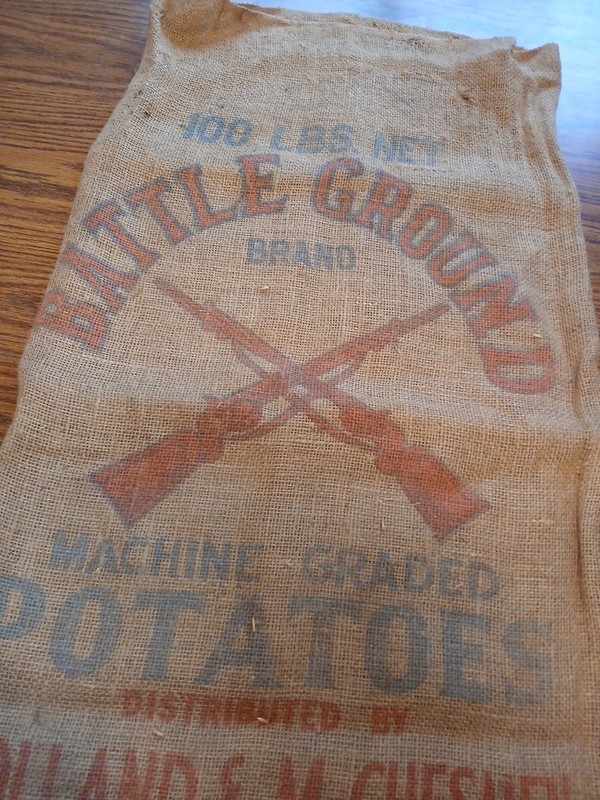 Rare Vintage Battle Ground Feeds Burlap Farm Seed Potatoes Bag 39x 22 Civil War