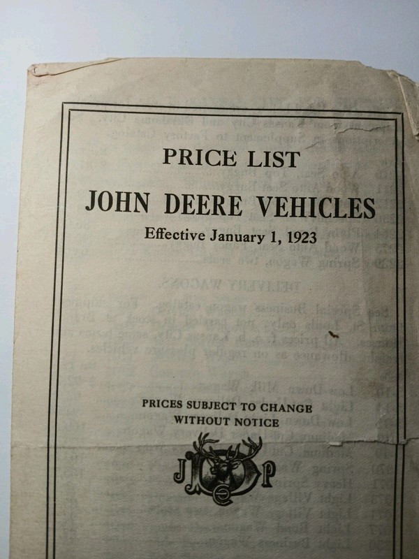 Antique 1923 John Deere Farm Implement Kansas City Vehicle Price List Order Form gallery