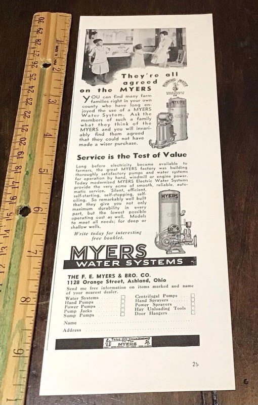 1930’s AD. F.E. MYERS CO. ASHLAND, OHIO. MYERS FARM WATER SYSTEMS Ad#5416