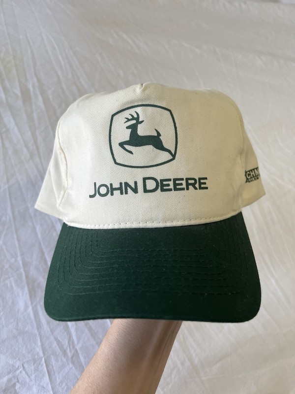 John Deere | Otto Vintage Advertising White Green Snapback Hat | Burlington WI