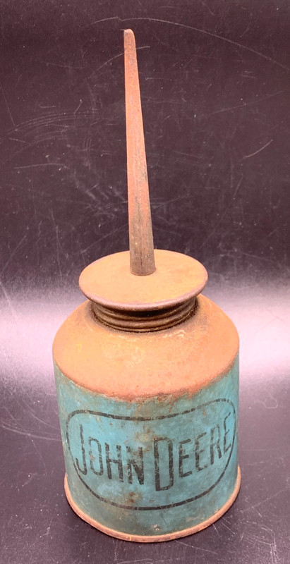 Vintage John Deere oil can blue oiler advertising Stevens Imp. Williamston MI