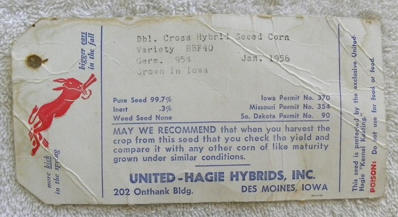 1956 United-Hagie, Kicking Mule Seed Corn, Des Moines, Iowa Seed Sack Tag, Label