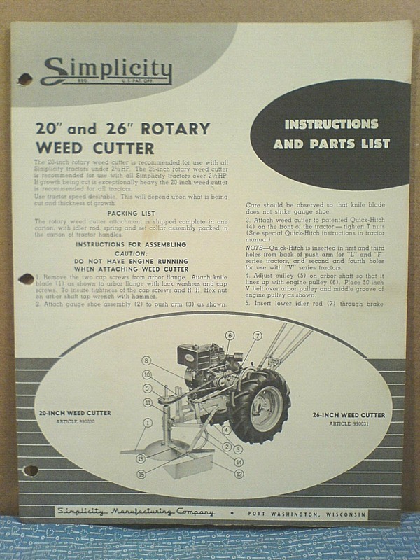 SIMPLICITY WALKING TRACTOR 990030 WEED CUTTER OPERATOR, ASSEMBLY, & PARTS MANUAL