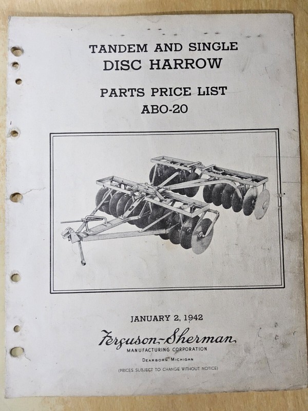 Ferguson-Sherman, Tandem & Singlr Disc Harrow. Parts Price List ABO-20, Jan….