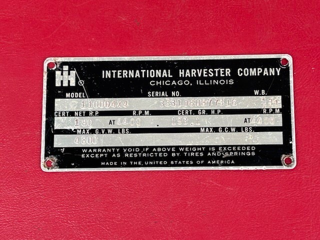 1969 International Harvester 1100D4x4 Truck Serial Number Model Spec Plate Tag