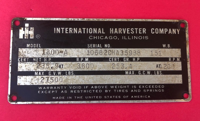 Vintage International Harvester Company Model 1800-A Truck Vin Serial Plate Tag