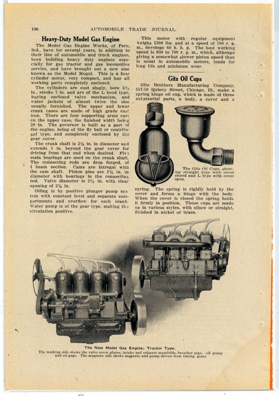 1913 Model Gas Engine Works Story & Photo – Mogul Tractor Engine – Peru Indiana