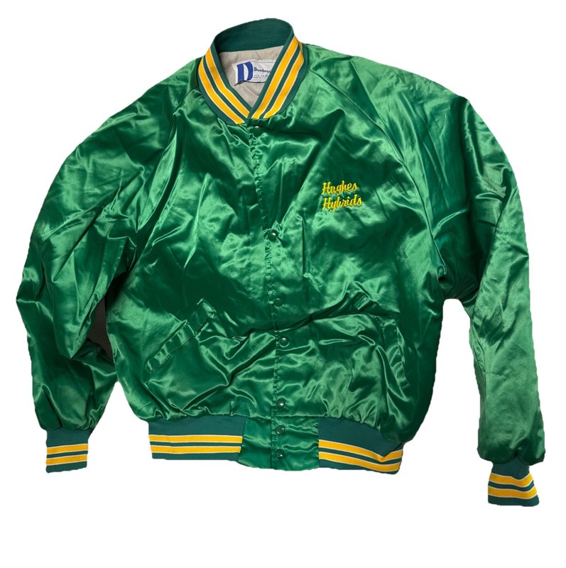 Vintage 80s Hughes Hybrids Green Satin Baseball Ringer Jacket Size XL Farmer