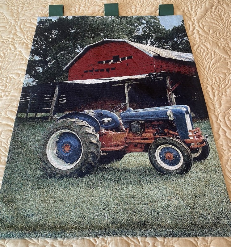 FORD 641 Tractor & Red Barn Tapestry Wall Hanging 35” X 25”