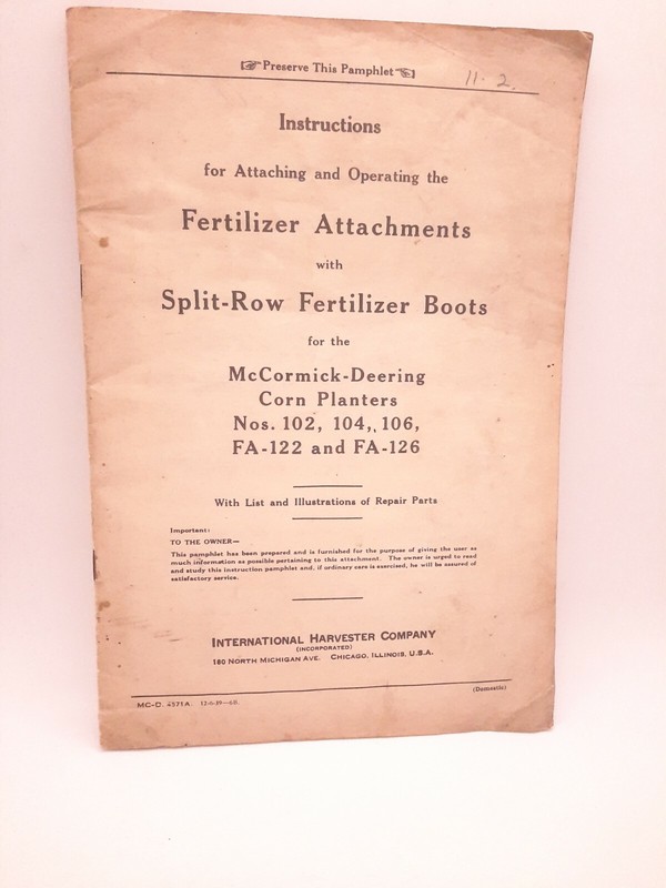 Vintage Owners Manual International Harvester Corn Planter 1939 Fertilizer Impl.