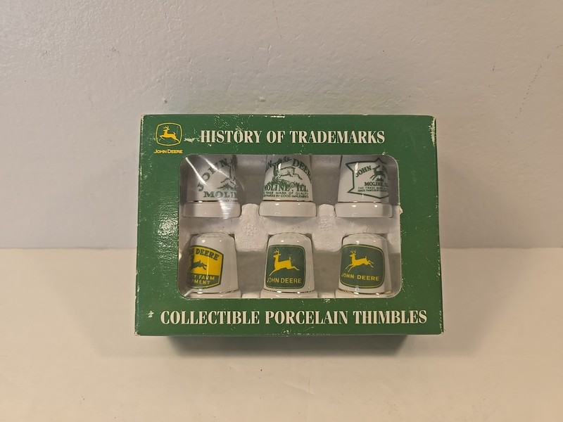 6 John Deere Porcelain Thimbles History of John Deere Trademarks Logos Boxed