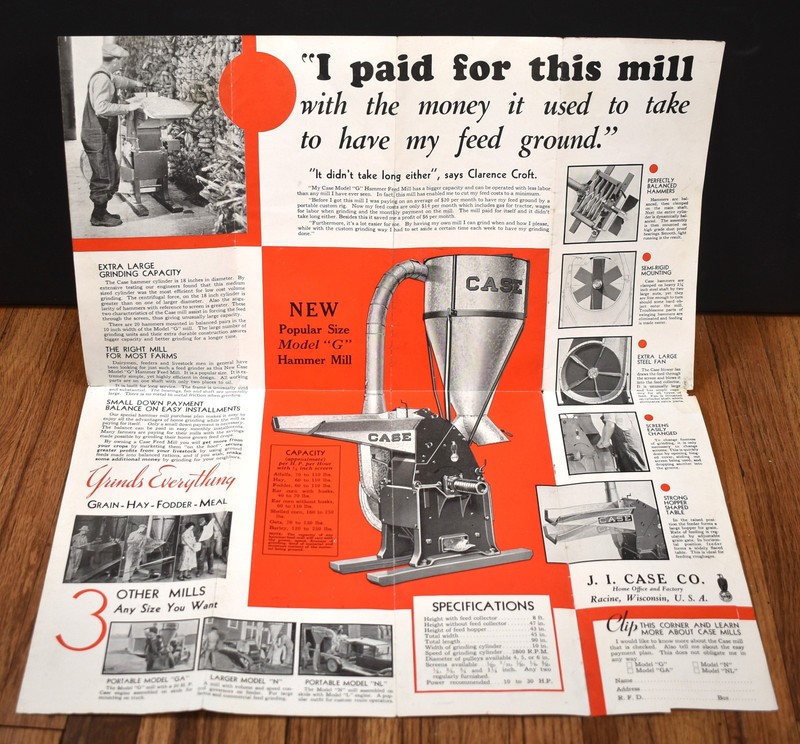 Vintage 1930s JI Case Livestock Feed Hammer Mill Advertising Sales Brochure